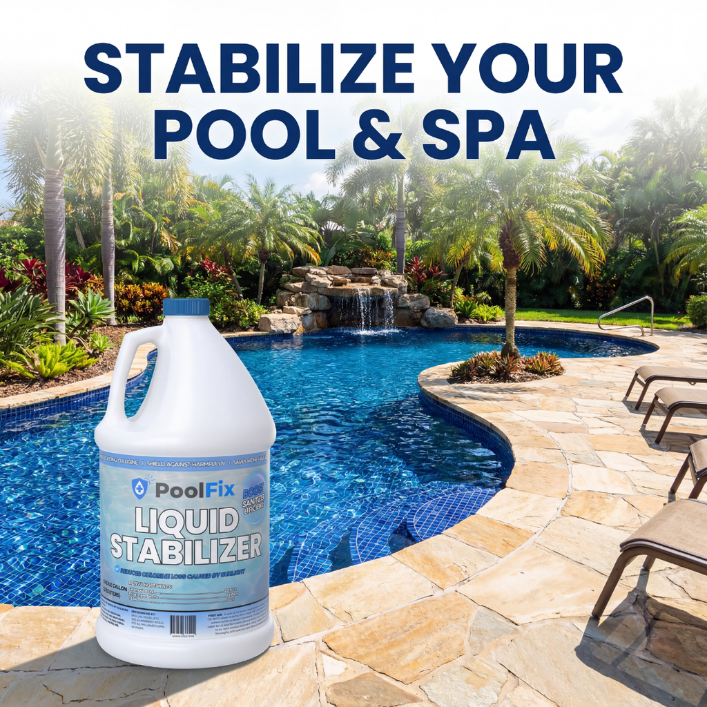PoolFix Liquid Cyanuric Acid Pool Stabilizer – 1 Gallon Conditioner for Chlorine Pool, UV Protection for Longer Use, Easy-Pour, Fast-Acting Formula for Balanced Pool Water
