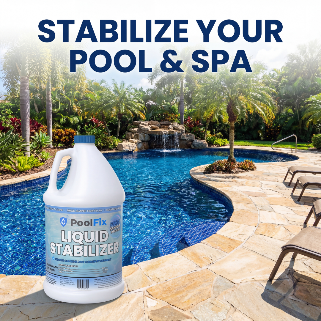 PoolFix Liquid Cyanuric Acid Pool Stabilizer – 1 Gallon Conditioner for Chlorine Pool, UV Protection for Longer Use, Easy-Pour, Fast-Acting Formula for Balanced Pool Water