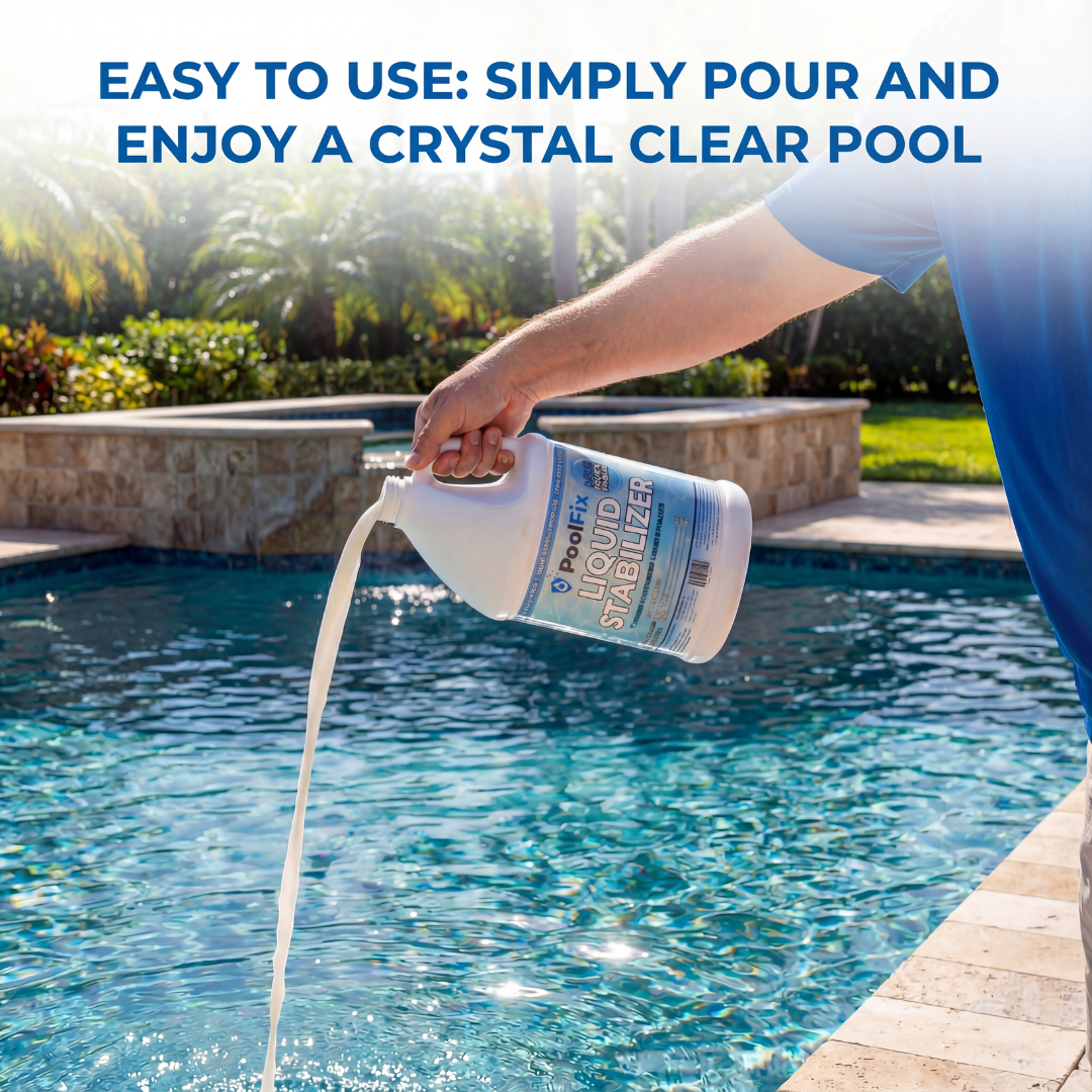 PoolFix Liquid Cyanuric Acid Pool Stabilizer – 1 Gallon Conditioner for Chlorine Pool, UV Protection for Longer Use, Easy-Pour, Fast-Acting Formula for Balanced Pool Water