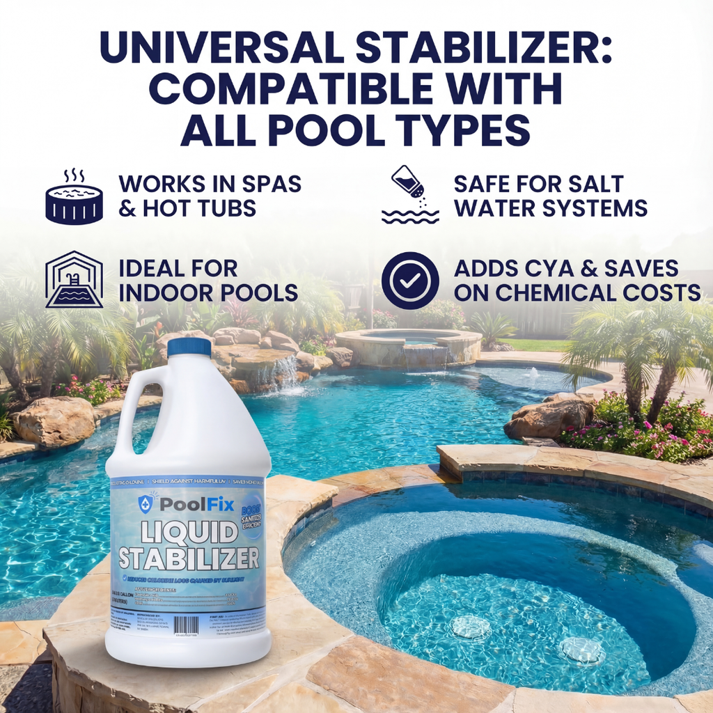 PoolFix Liquid Cyanuric Acid Pool Stabilizer – 1 Gallon Conditioner for Chlorine Pool, UV Protection for Longer Use, Easy-Pour, Fast-Acting Formula for Balanced Pool Water