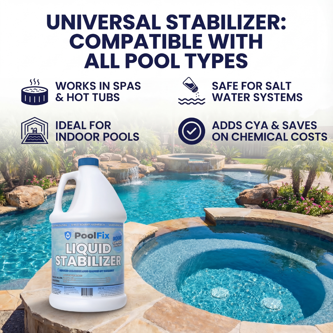 PoolFix Liquid Cyanuric Acid Pool Stabilizer – 1 Gallon Conditioner for Chlorine Pool, UV Protection for Longer Use, Easy-Pour, Fast-Acting Formula for Balanced Pool Water
