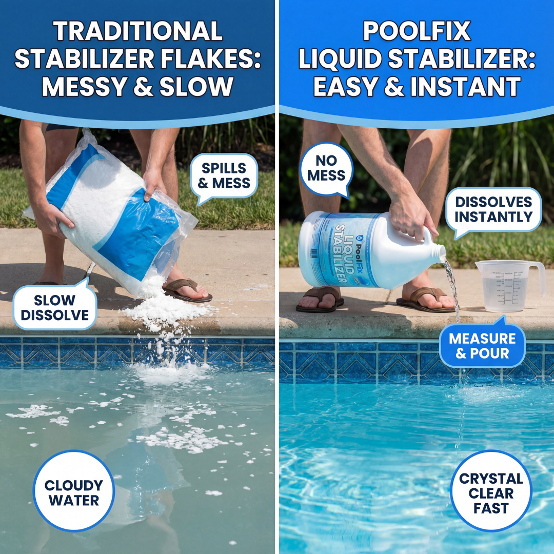 PoolFix Liquid Cyanuric Acid Pool Stabilizer – 1 Gallon Conditioner for Chlorine Pool, UV Protection for Longer Use, Easy-Pour, Fast-Acting Formula for Balanced Pool Water